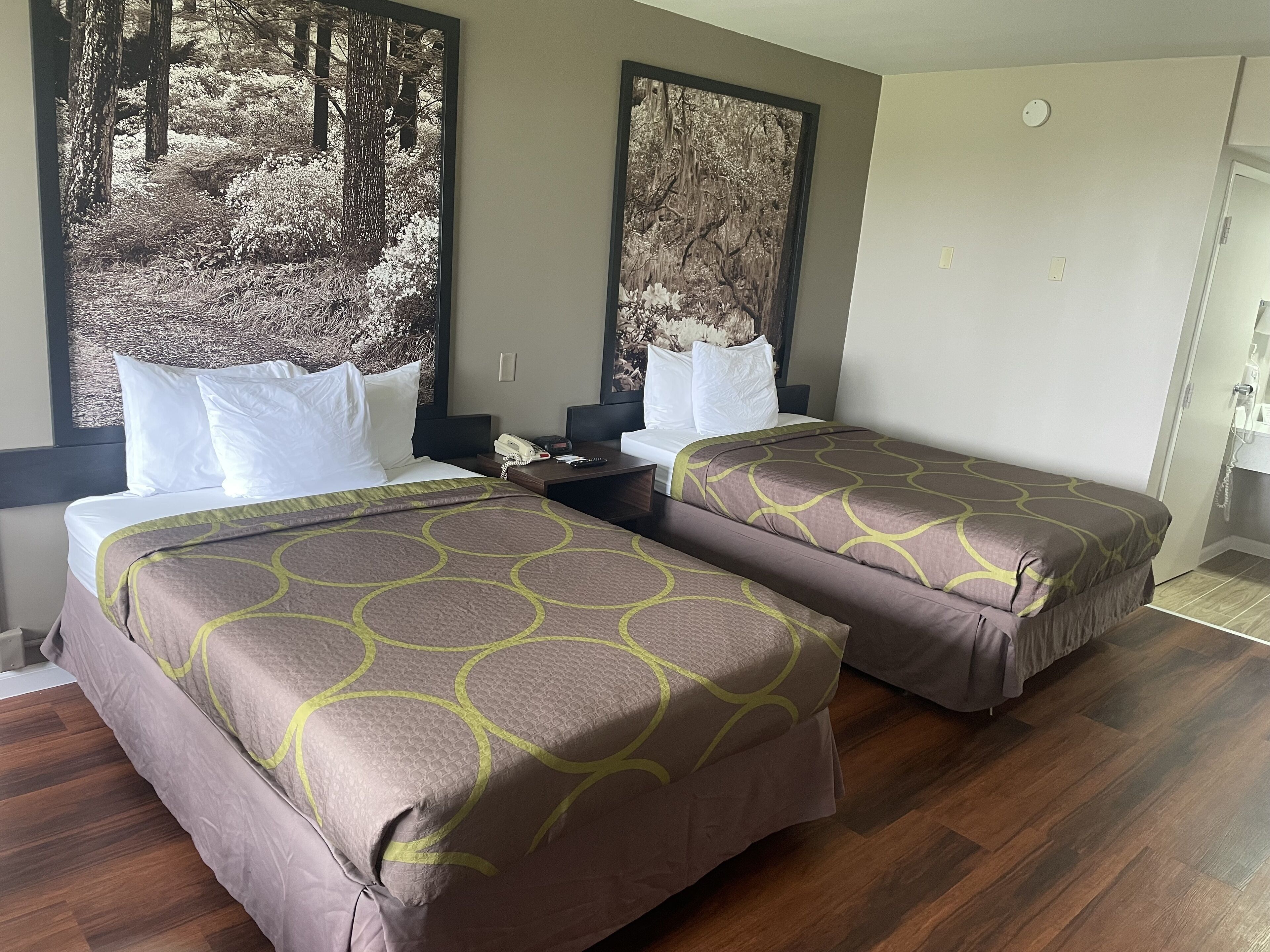 A hotel room with two beds, each with a patterned bedspread, a bedside table with a phone, and a window with a forest view.