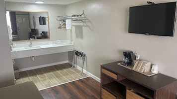 Desk, blackout drapes, iron/ironing board, free cribs/infant beds