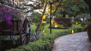 A garden pathway with a wooden cart, well-maintained hedges, and a brick walkway. - Flamingo Vallarta Hotel & Marina (Puerto Vallarta)