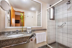 Shower, rainfall showerhead, designer toiletries, hair dryer