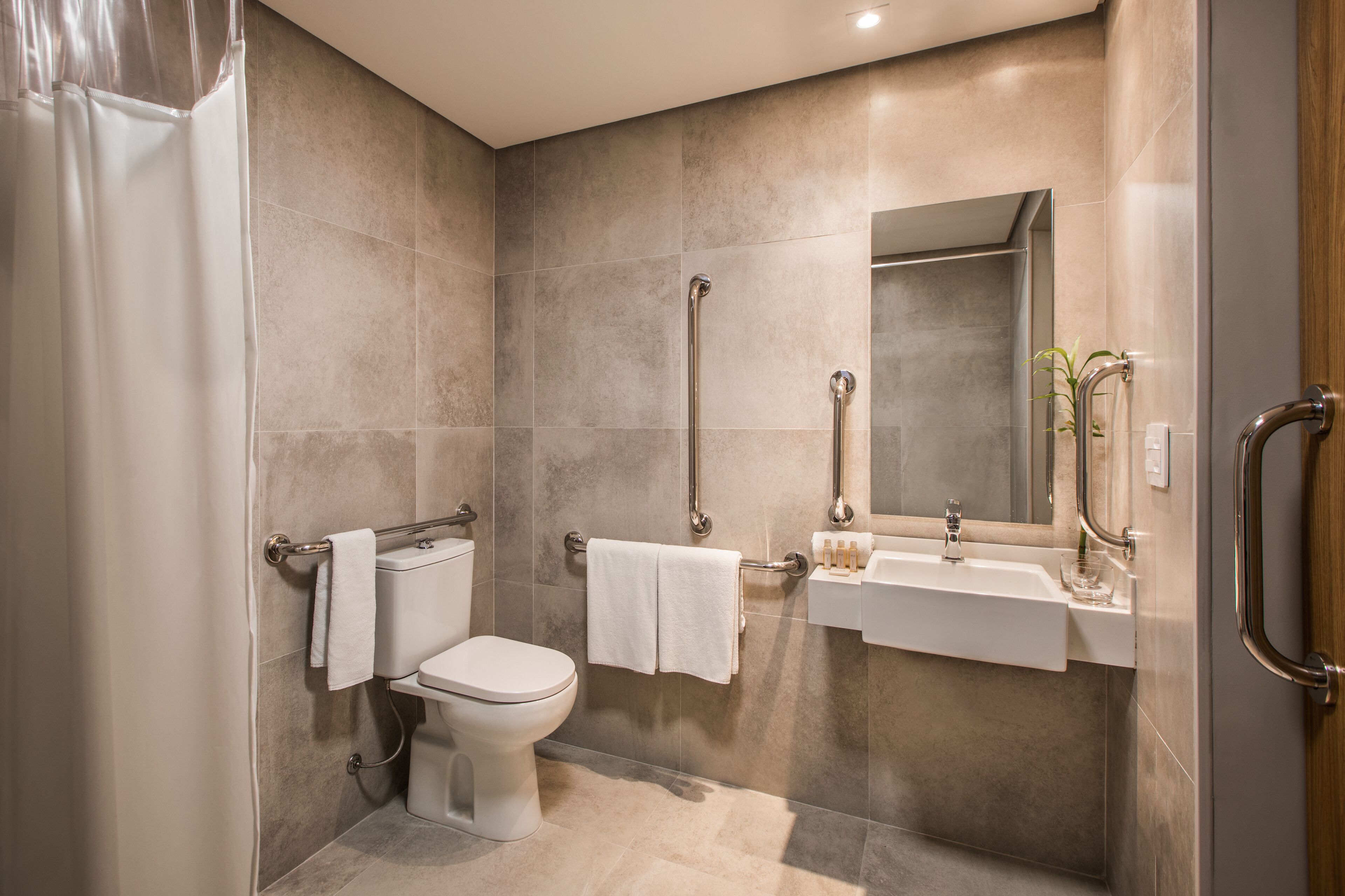A modern bathroom with a toilet, sink, and shower. It includes grab bars and a mirror.