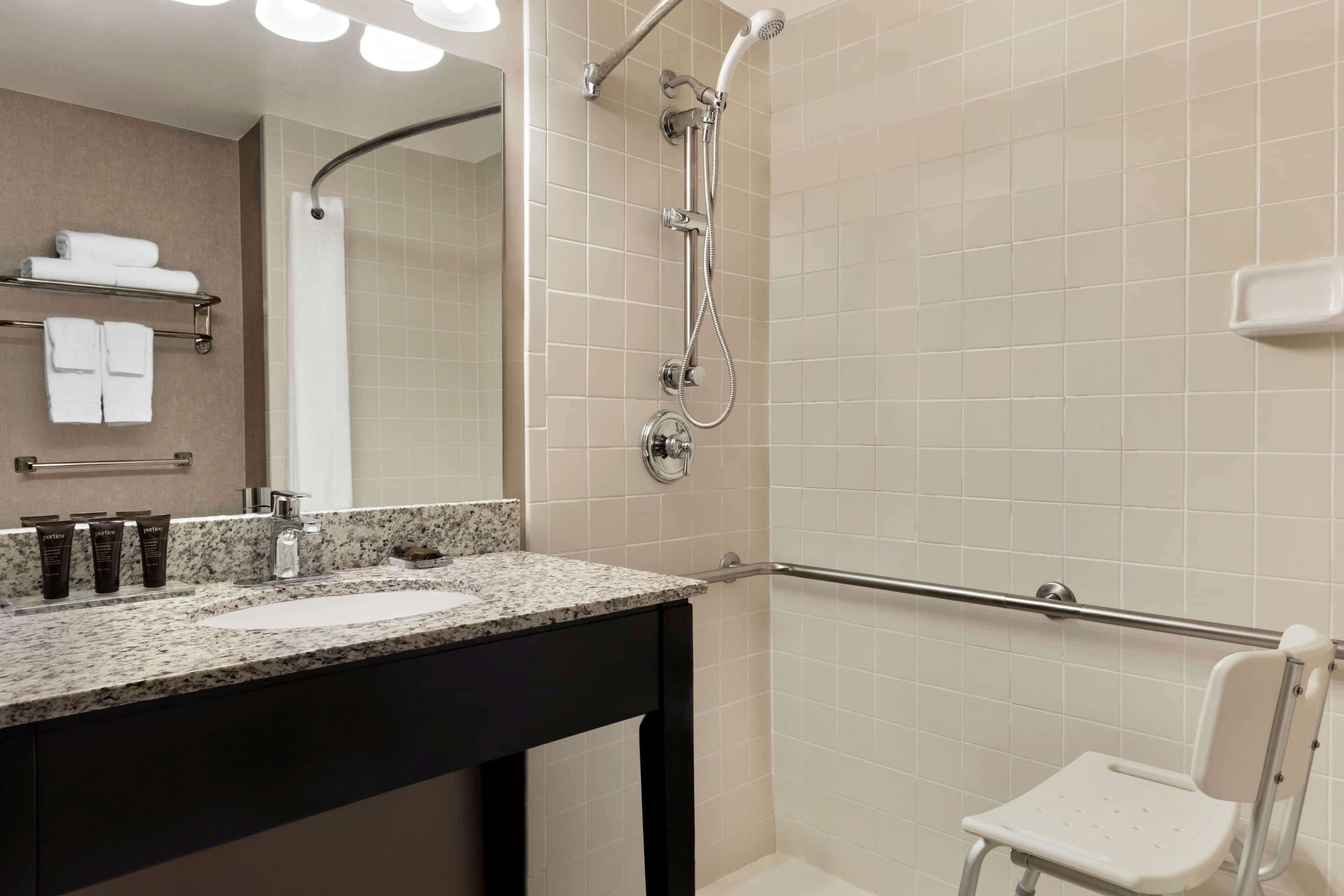 combined shower/bathtub, free toiletries, hair dryer, towels