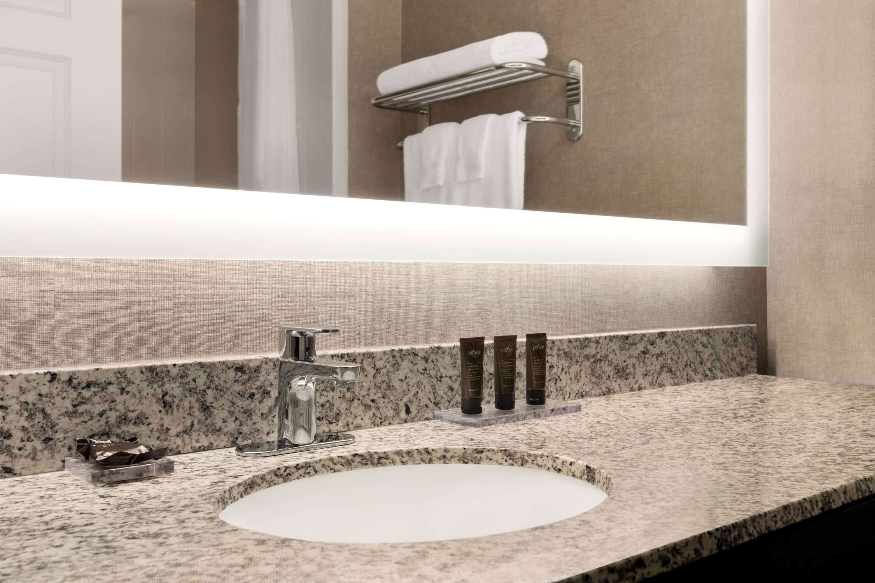 combined shower/bathtub, free toiletries, hair dryer, towels