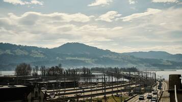A railway station with multiple tracks, a bridge, and a body of water in the background.
