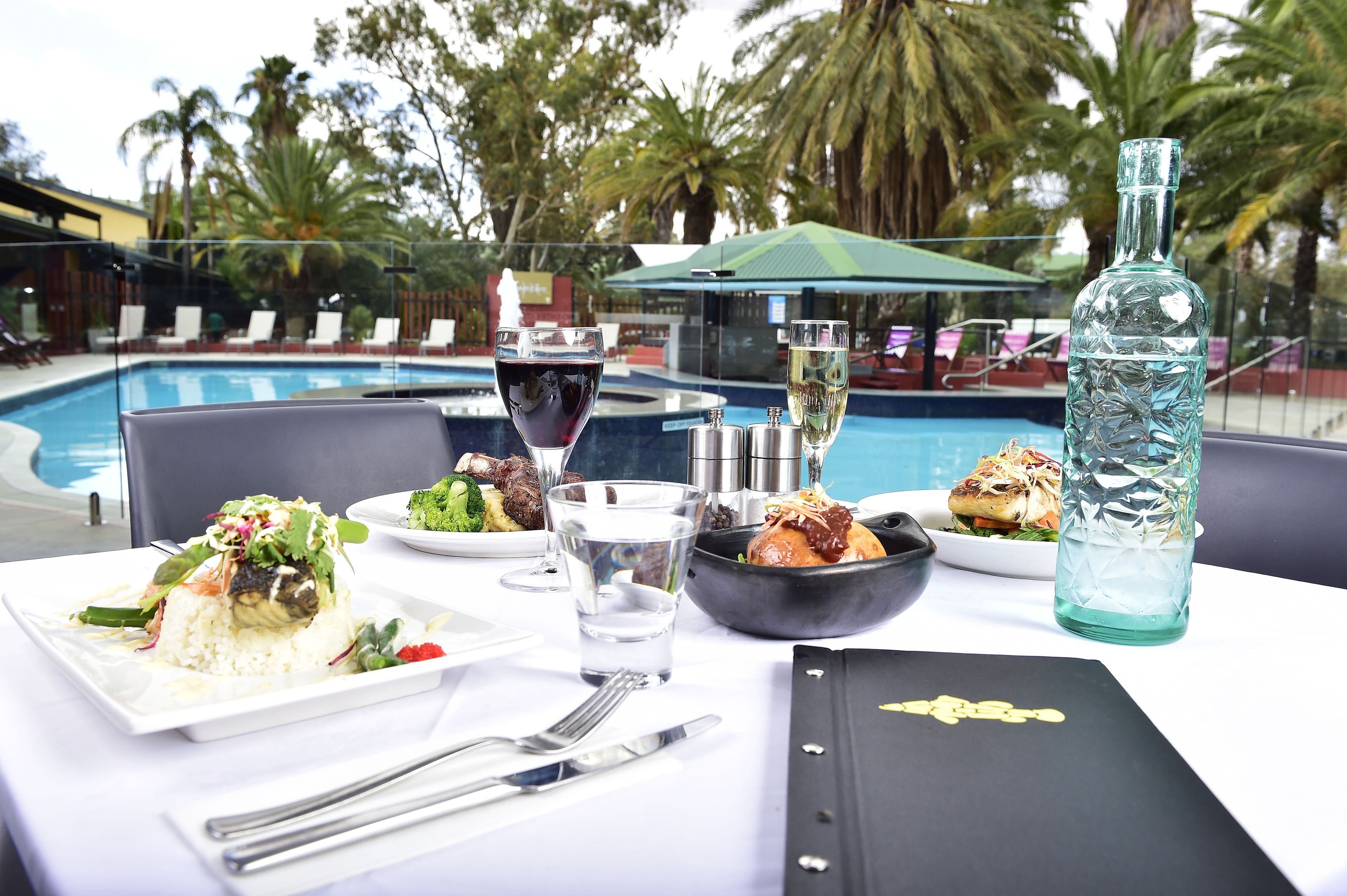 breakfast, lunch, dinner served; pool views