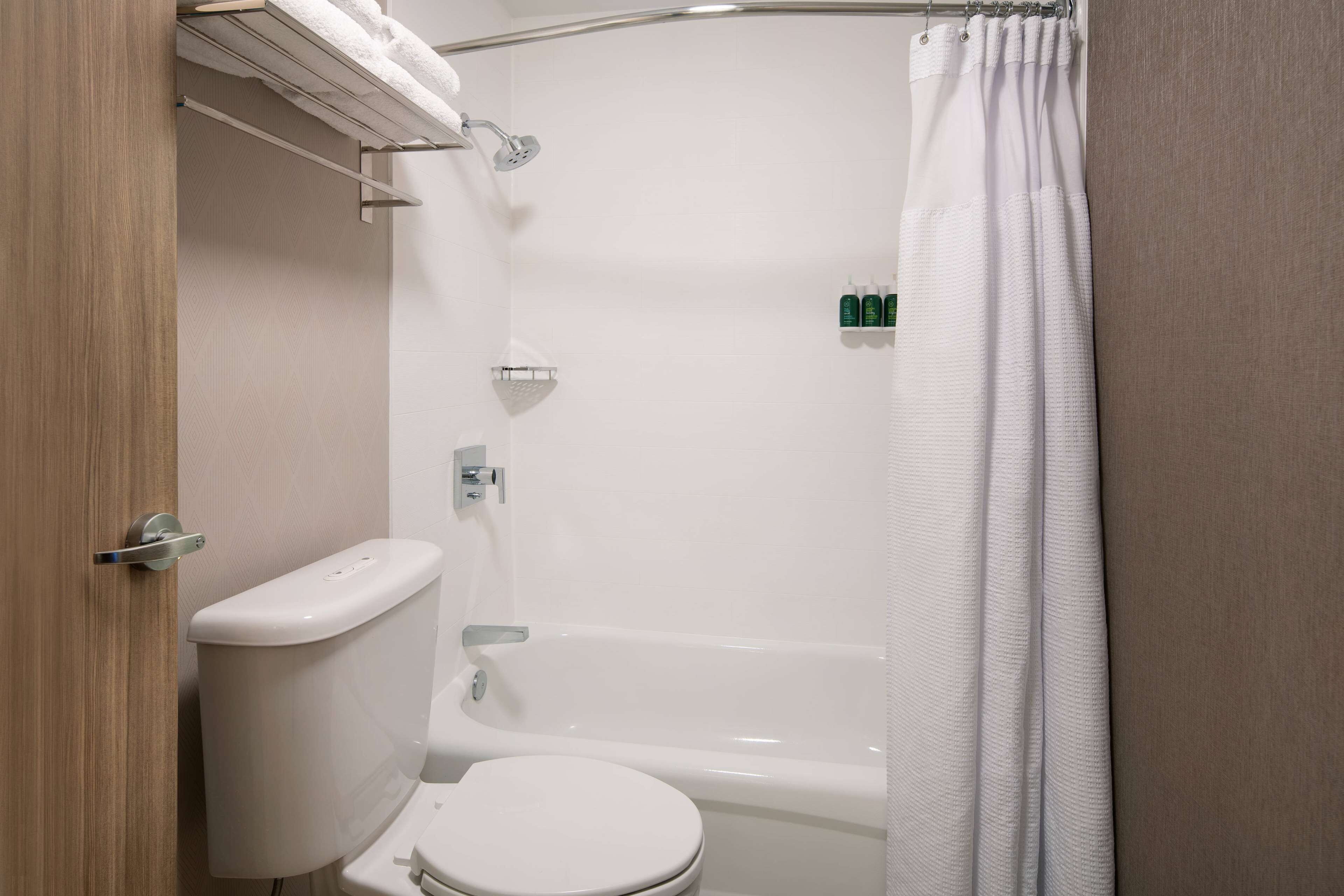 combined shower/bathtub, free toiletries, hair dryer, towels