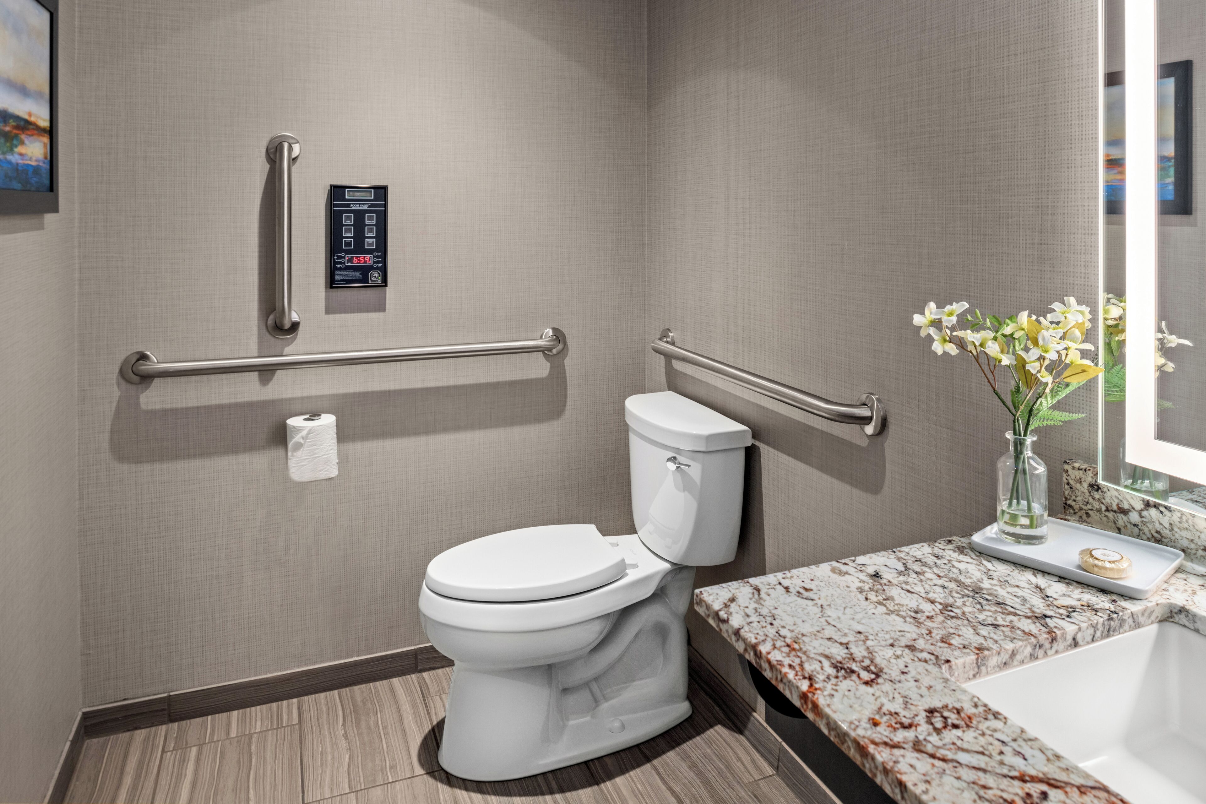 Un baño moderno con inodoro, barras de apoyo, dispensador de gel hidroalcohólico y lavabo de mármol.