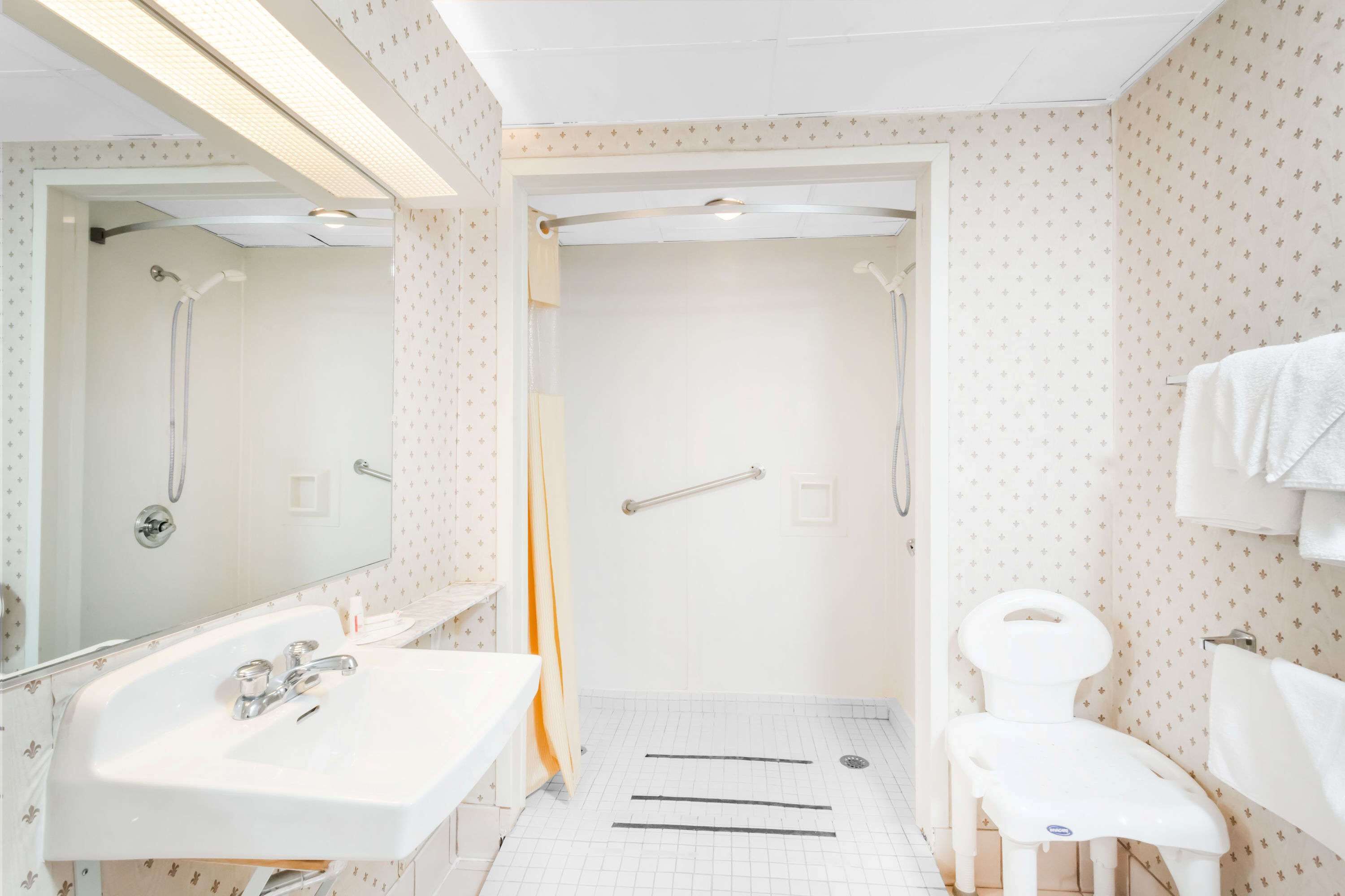 Een badkamer met een witte wastafel, spiegel, douche en toilet.
