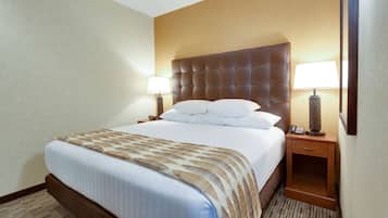 A hotel room with a large bed, two bedside tables with lamps, and a carpeted floor.