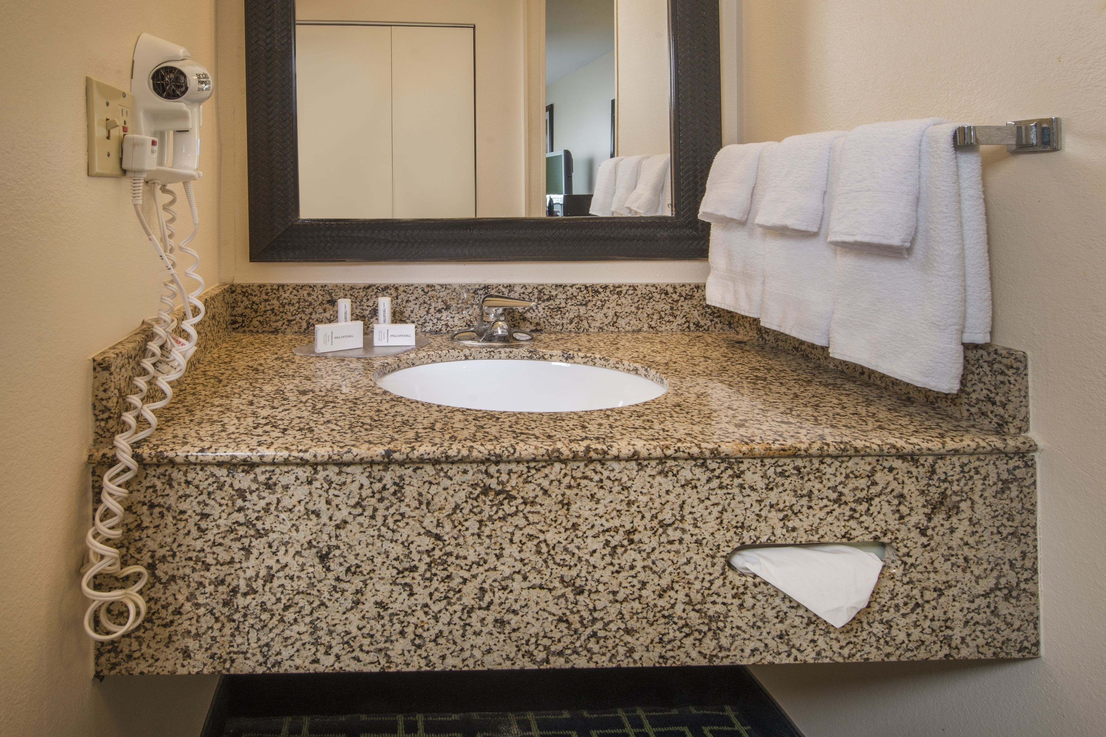 combined shower/bathtub, free toiletries, hair dryer, towels