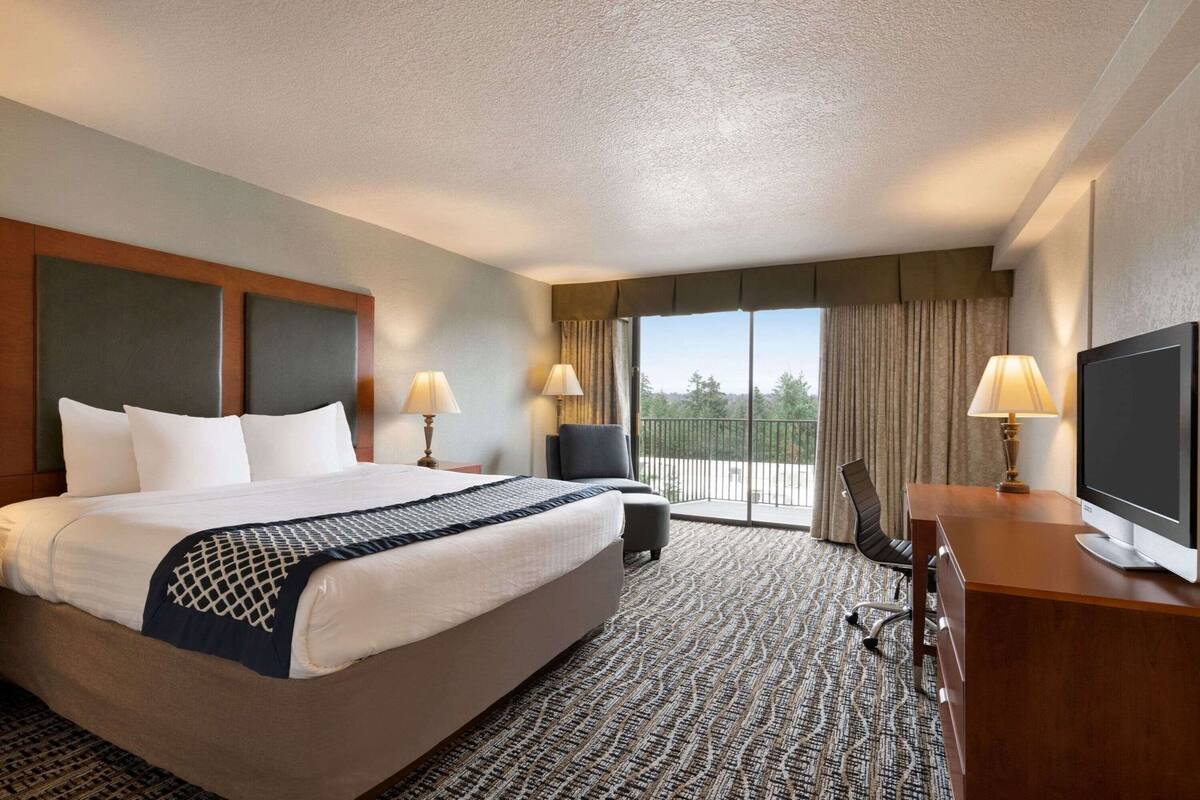 A hotel room with a large bed, two bedside tables with lamps, a desk with a television, and a view of the outdoors through a sliding door.