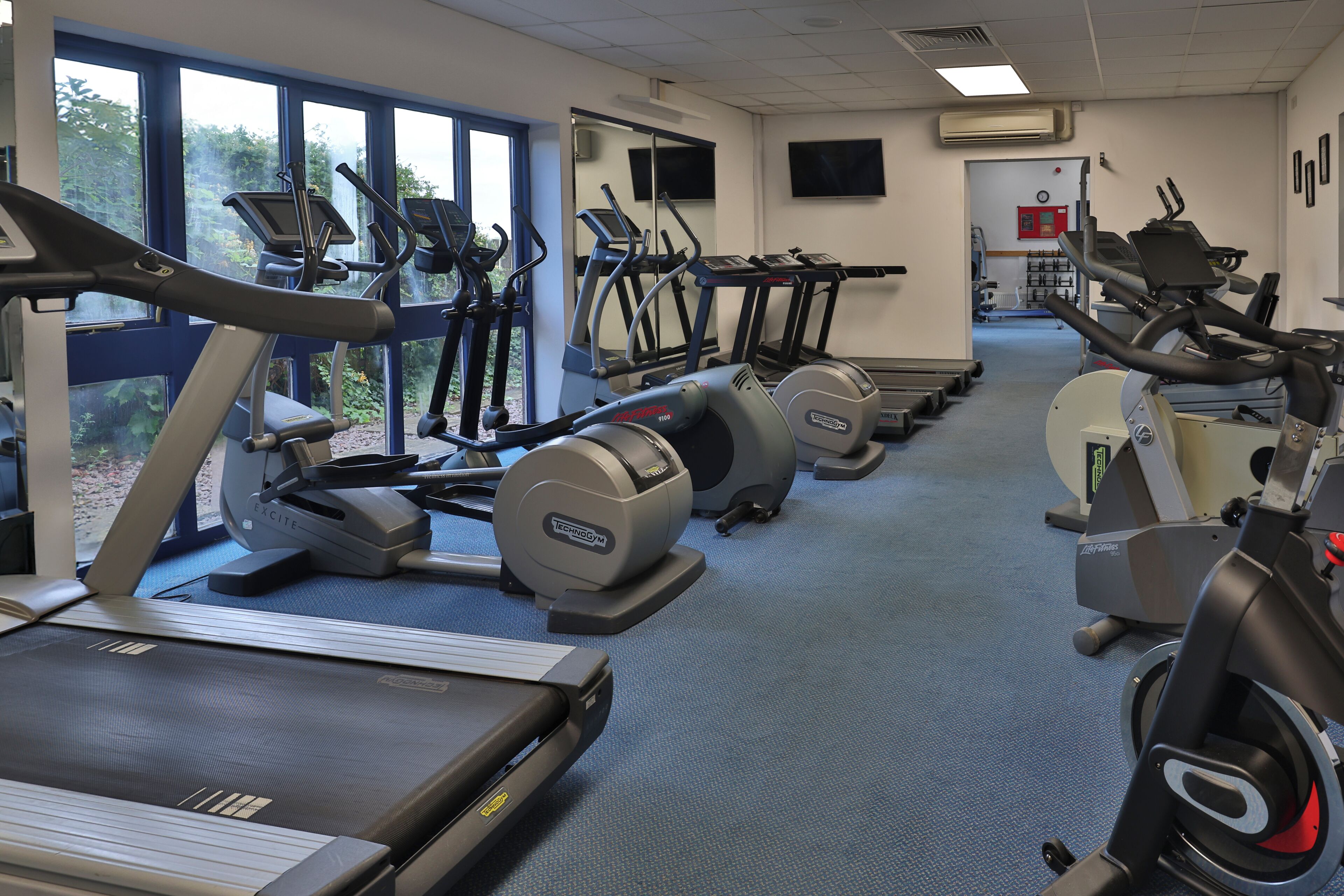 Een sportschool met loopbanden, crosstrainers en hometrainers, gerangschikt in rijen.
