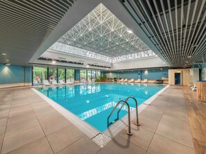 Indoor pool, open 7:00 AM to 9:30 PM, lifeguards on site