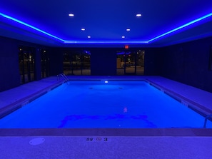 Indoor pool, open 8:00 AM to 10:00 PM, pool loungers