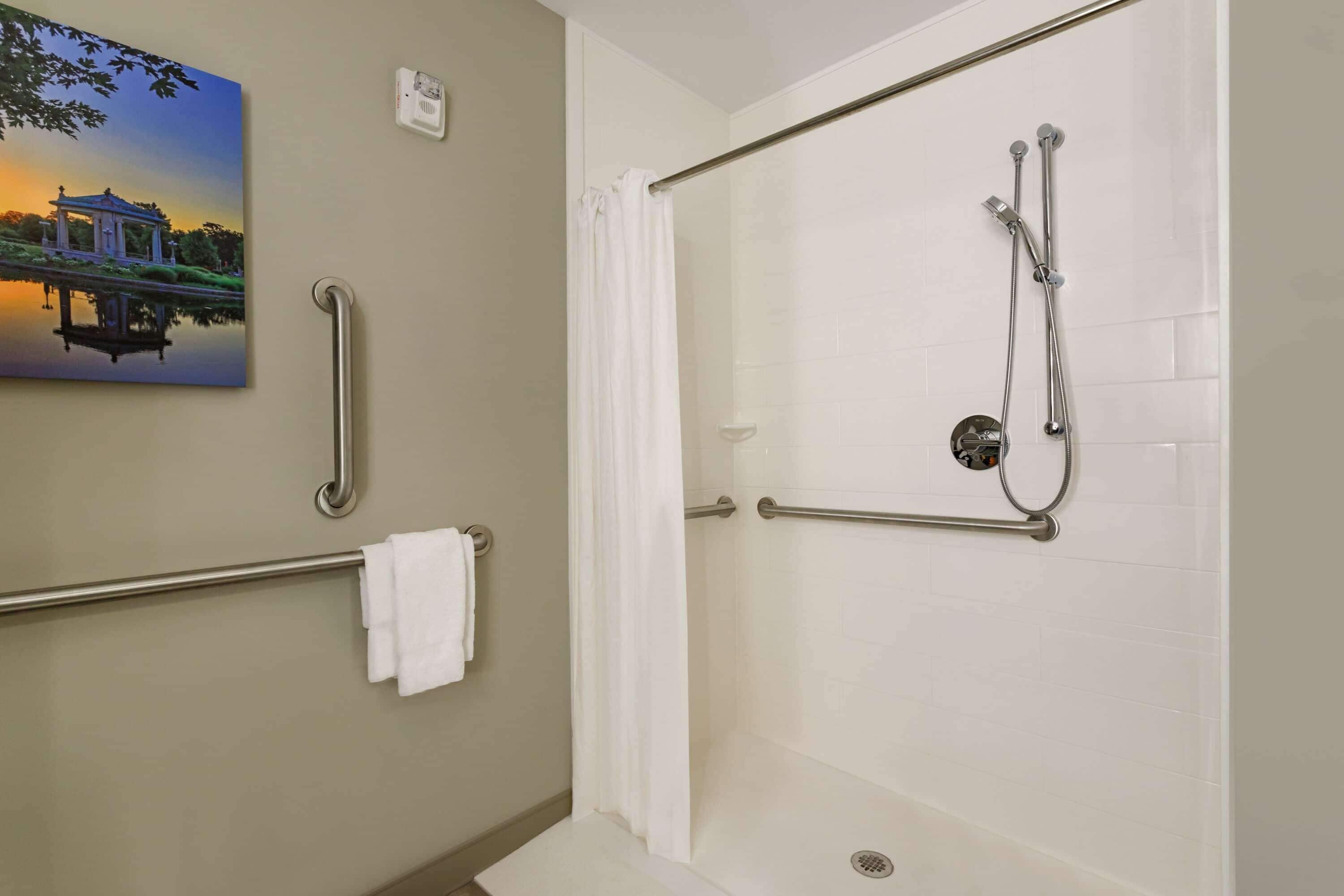 Un área de ducha con puerta de cristal, un barandal, un perchero y un cuadro de un gazebo en la pared.
