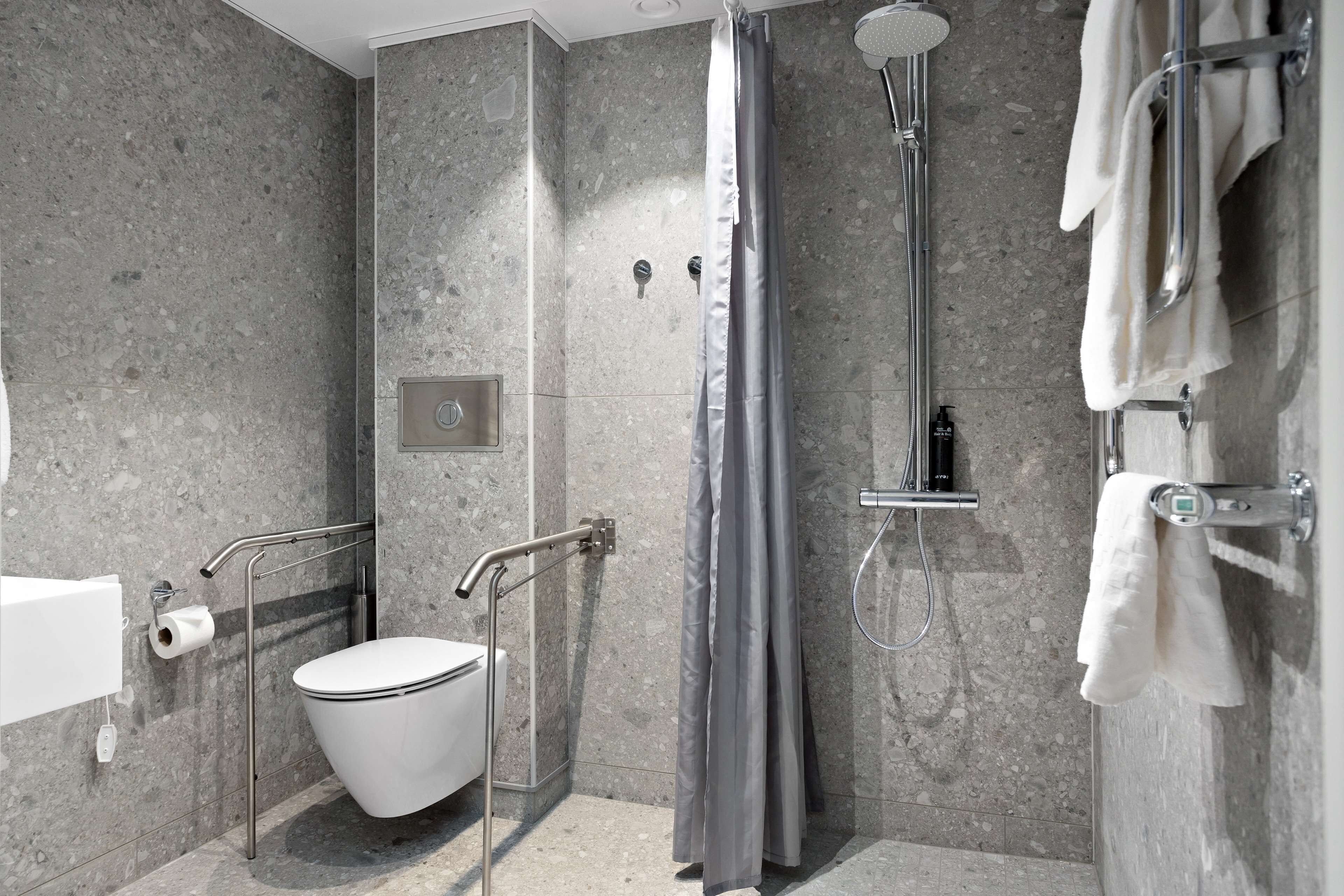 A modern bathroom with a shower, toilet, and handrails.