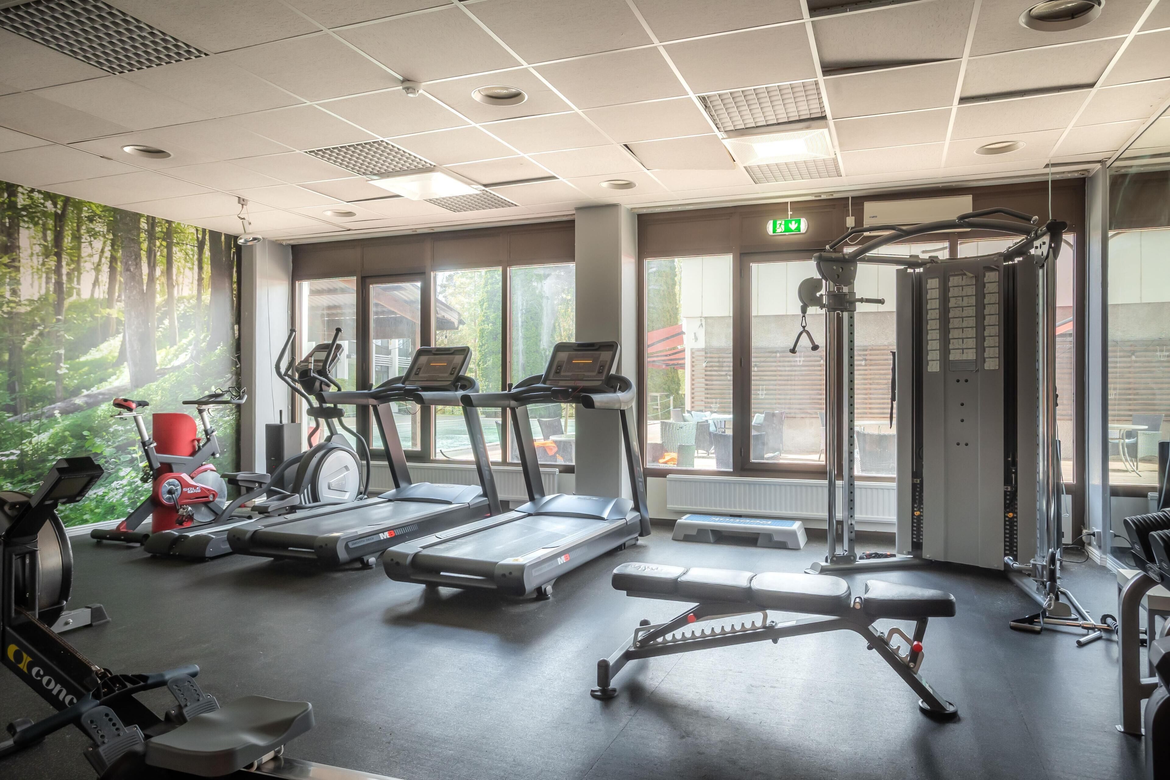 A gym with treadmills, a stationary bike, and weight machines.