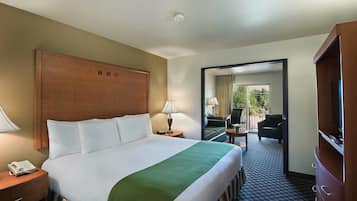 A hotel room with a large bed, bedside tables with lamps, a TV, and a view of the outdoor area.