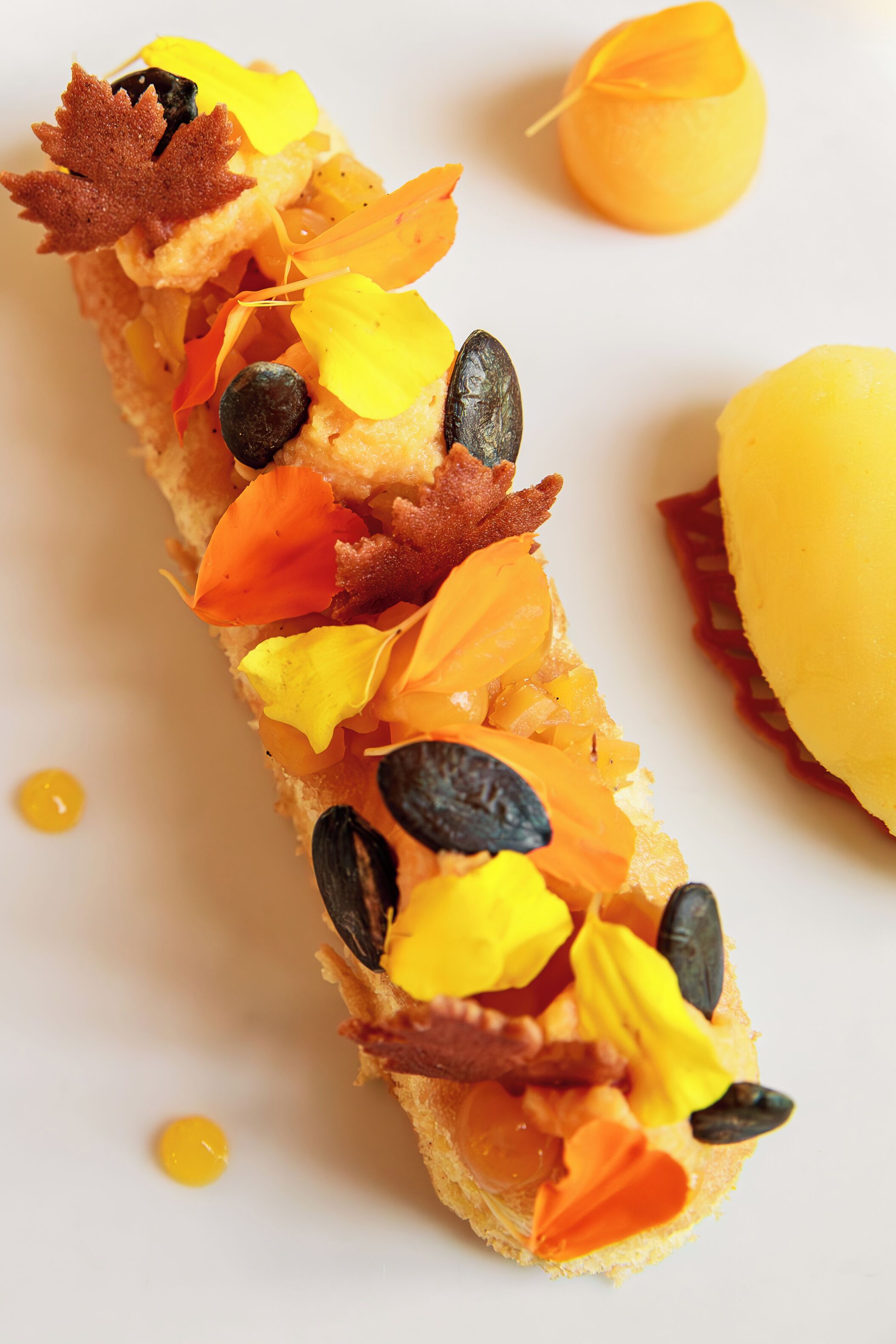 A close-up of a food item with various toppings.