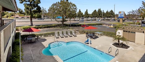 A swimming pool with lounge chairs and umbrellas, surrounded by trees and a parking lot.