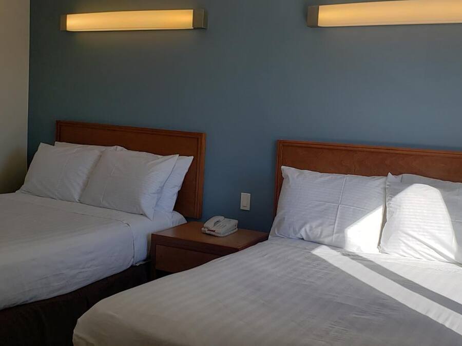 A hotel room with two beds, each with white bedding and wooden headboards. There is a bedside table with a phone and a lamp on one side.