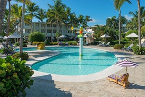 Outdoor pool, pool umbrellas, pool loungers