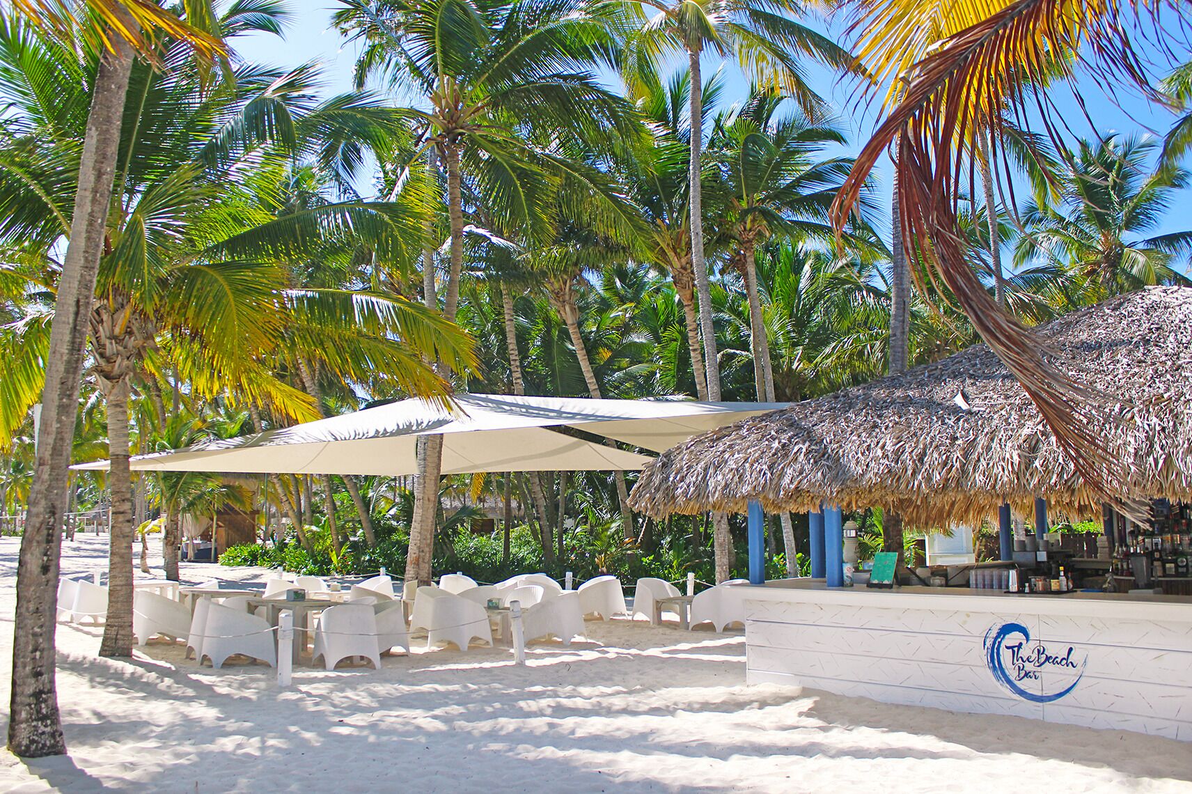 A beachside bar with white plastic chairs and umbrellas, surrounded by palm trees.