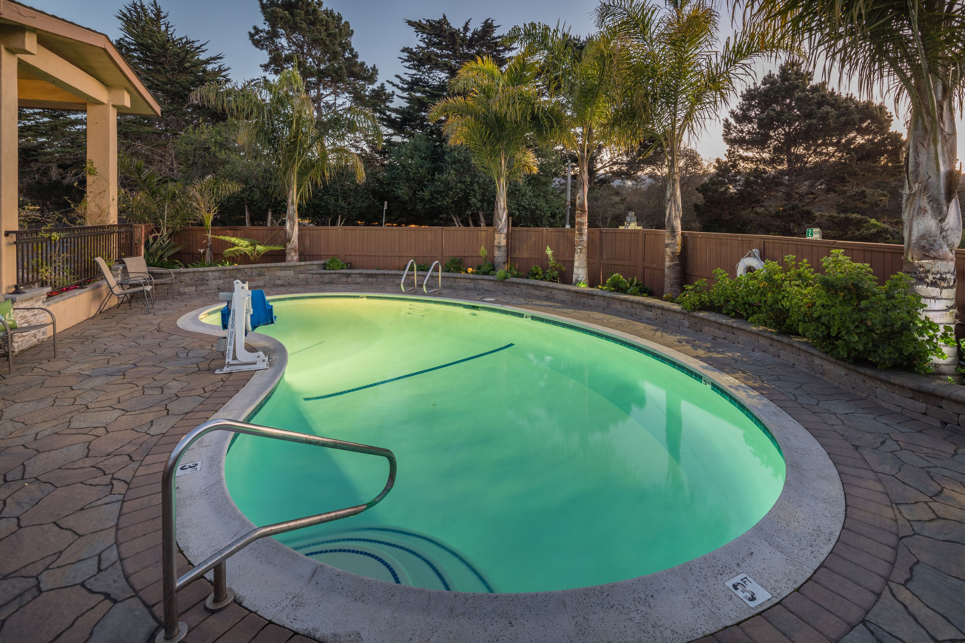 A swimming pool with a stone deck, surrounded by a wooden fence and palm trees.