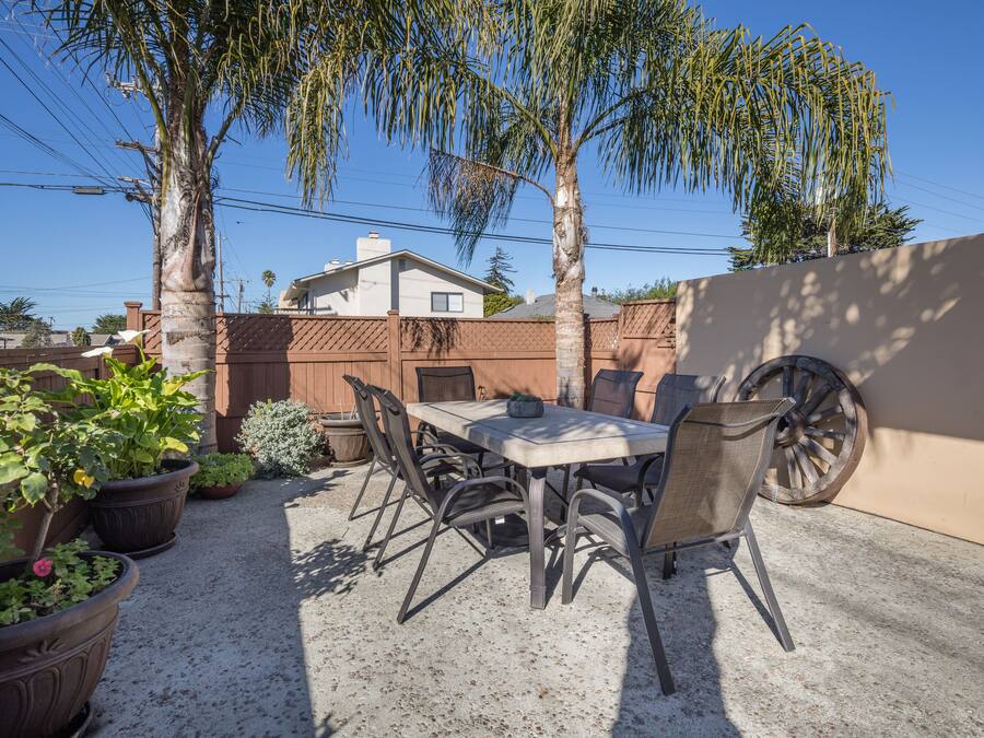 An outdoor patio with a table and chairs, surrounded by potted plants and a palm tree.