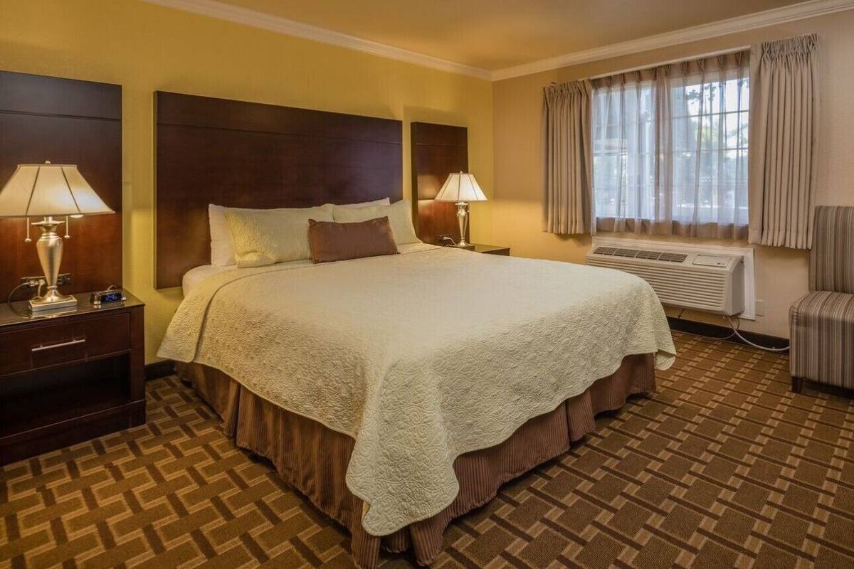 Une chambre d’hôtel avec un grand lit, deux lampes de chevet, une chaise, une fenêtre avec des rideaux et un tableau encadré au mur.