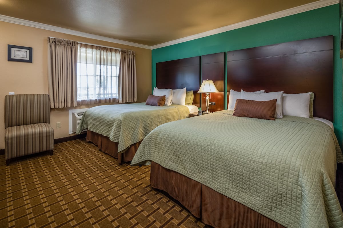 Une chambre d’hôtel avec deux lits, une chaise, une fenêtre avec des rideaux et un tapis à motifs.