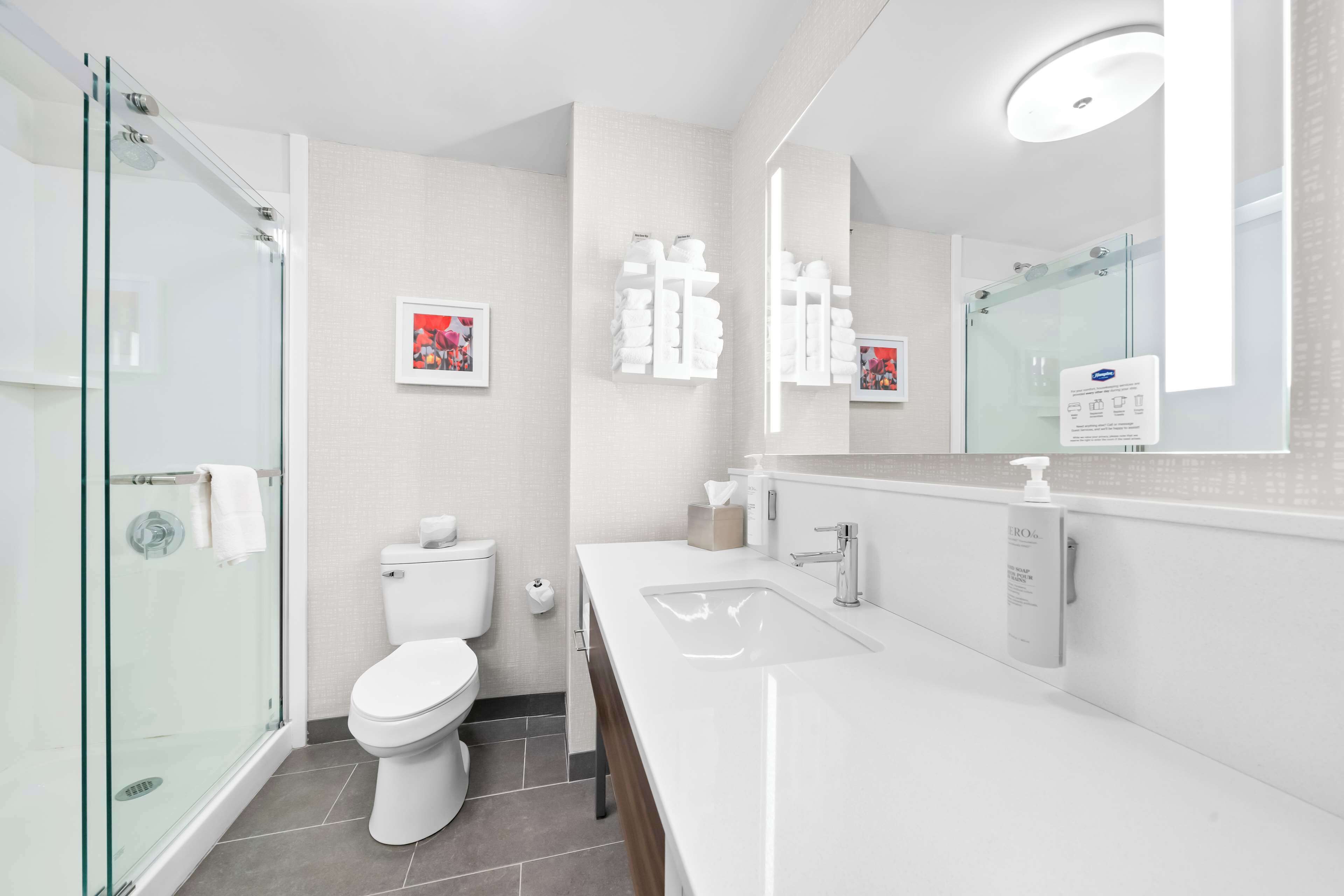 combined shower/bathtub, free toiletries, hair dryer, towels