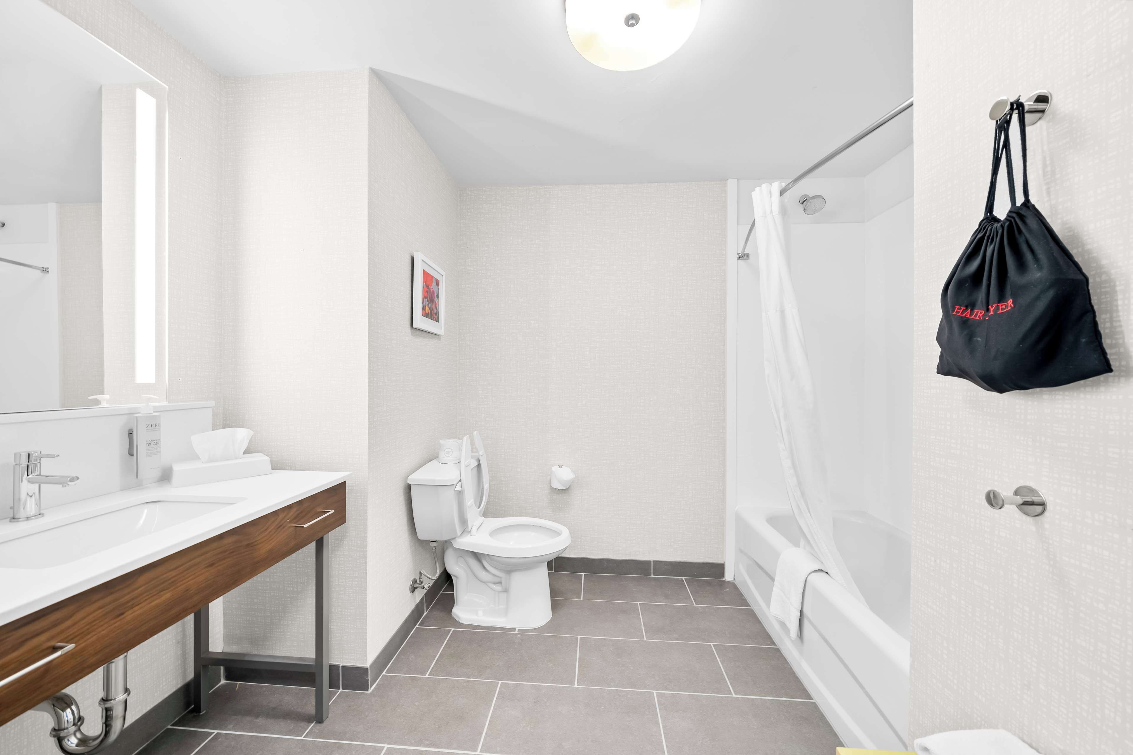 combined shower/bathtub, free toiletries, hair dryer, towels