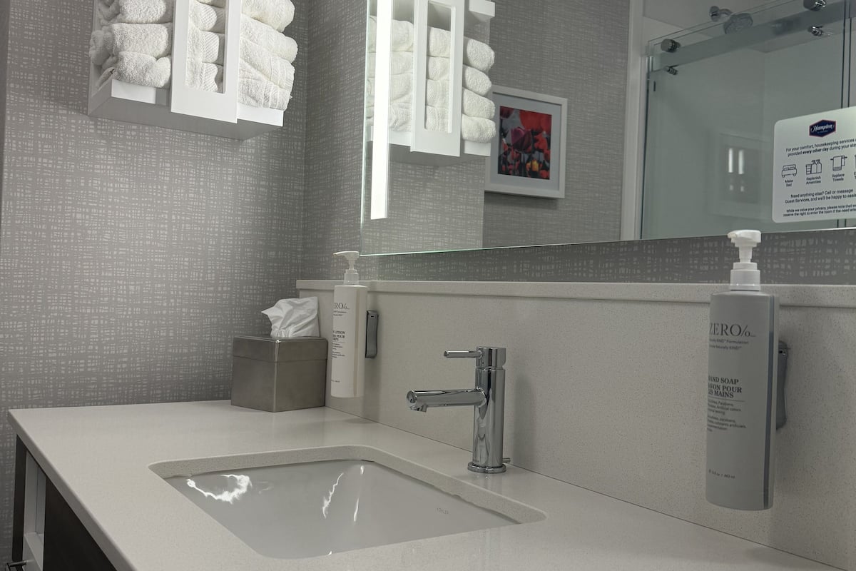 combined shower/bathtub, free toiletries, hair dryer, towels