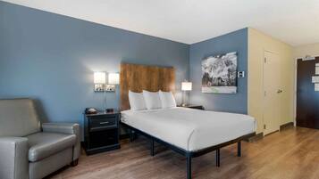 Een hotelkamer met een bed, een stoel, een nachtkastje met lampen en een schilderij aan de muur.