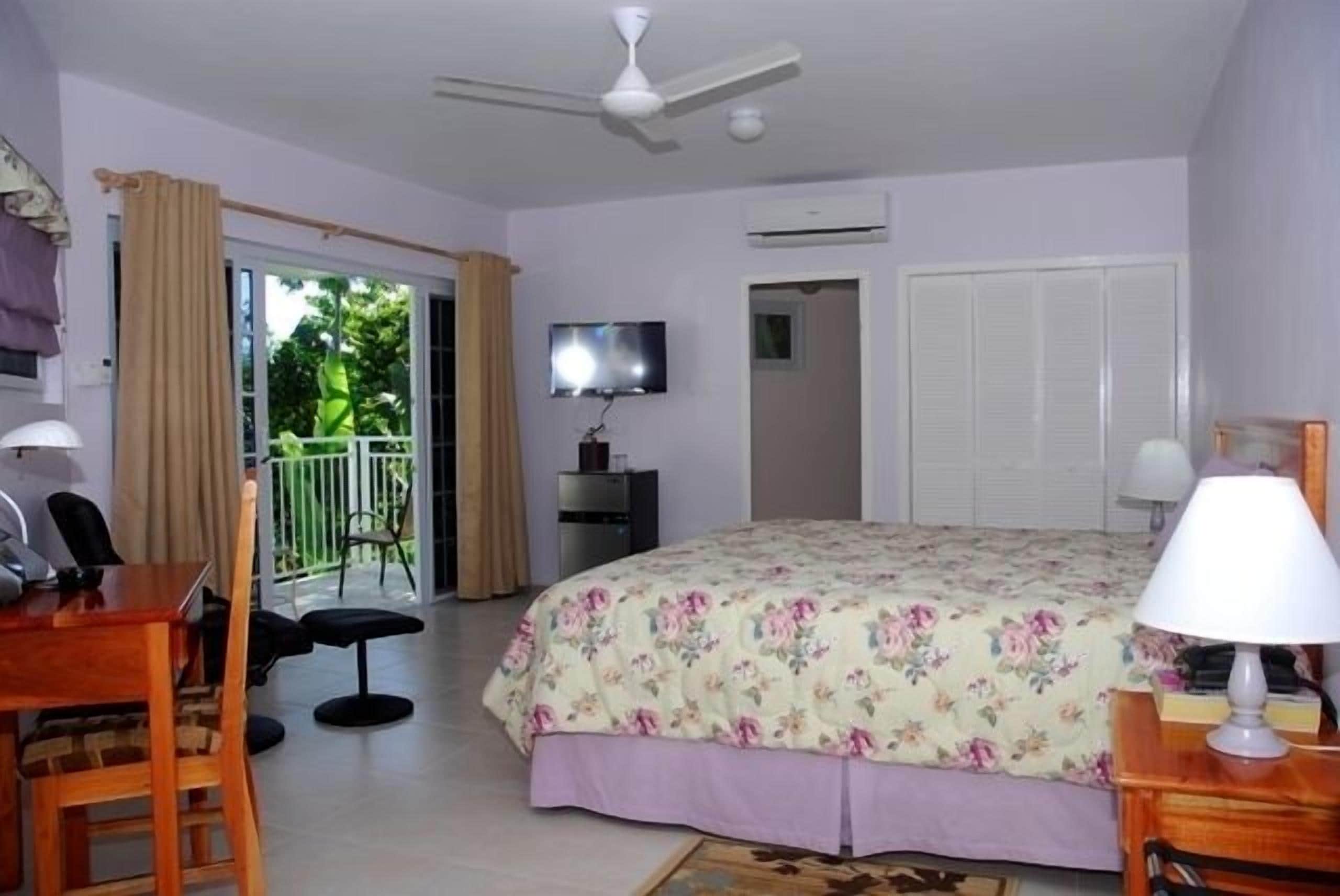 A hotel room with a bed, a desk, a chair, a TV, and a balcony.