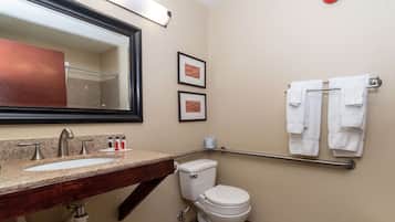 A bathroom with a sink, mirror, toilet, and towel rack.
