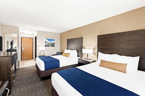 Standard Room, 2 Queen Beds, Non Smoking, Refrigerator | Desk, laptop workspace, blackout drapes, iron/ironing board