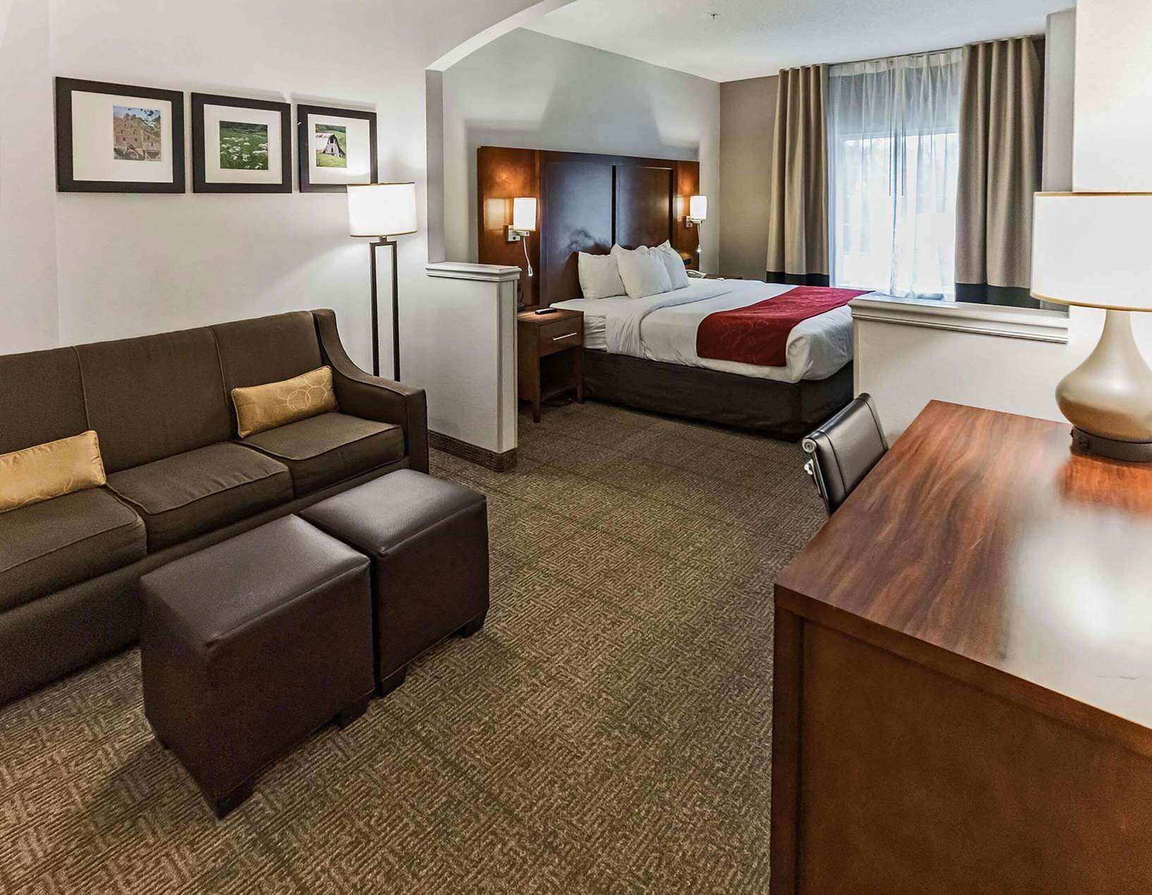 Premium bedding, pillowtop beds, desk, laptop workspace