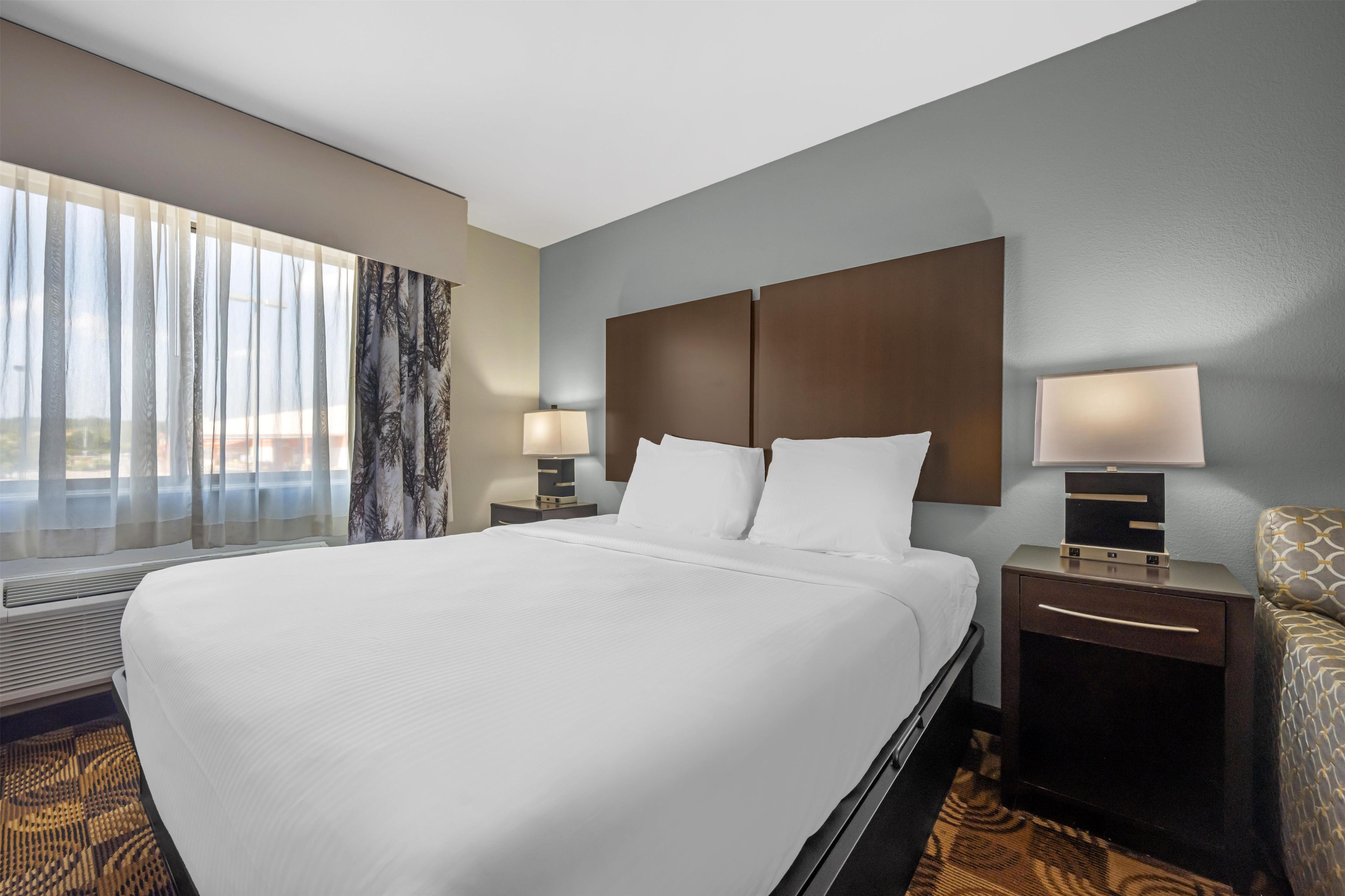 Habitación de hotel con una cama grande, dos mesitas de noche con lámparas, una ventana con cortinas traslúcidas y una alfombra estampada.