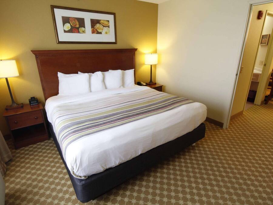 A hotel room with a large bed, two bedside tables with lamps, a framed picture on the wall, and a carpeted floor.
