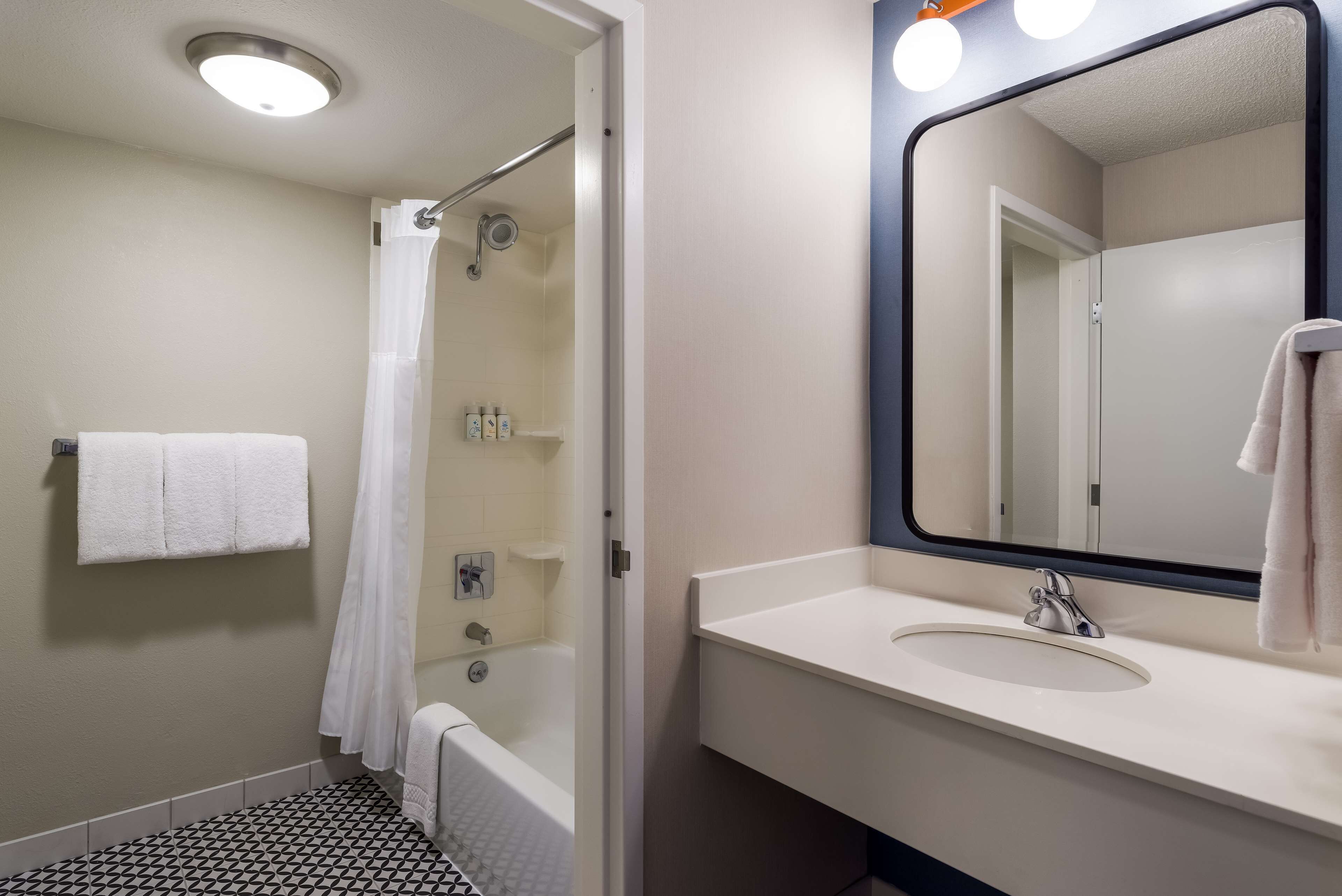 combined shower/bathtub, free toiletries, hair dryer, towels