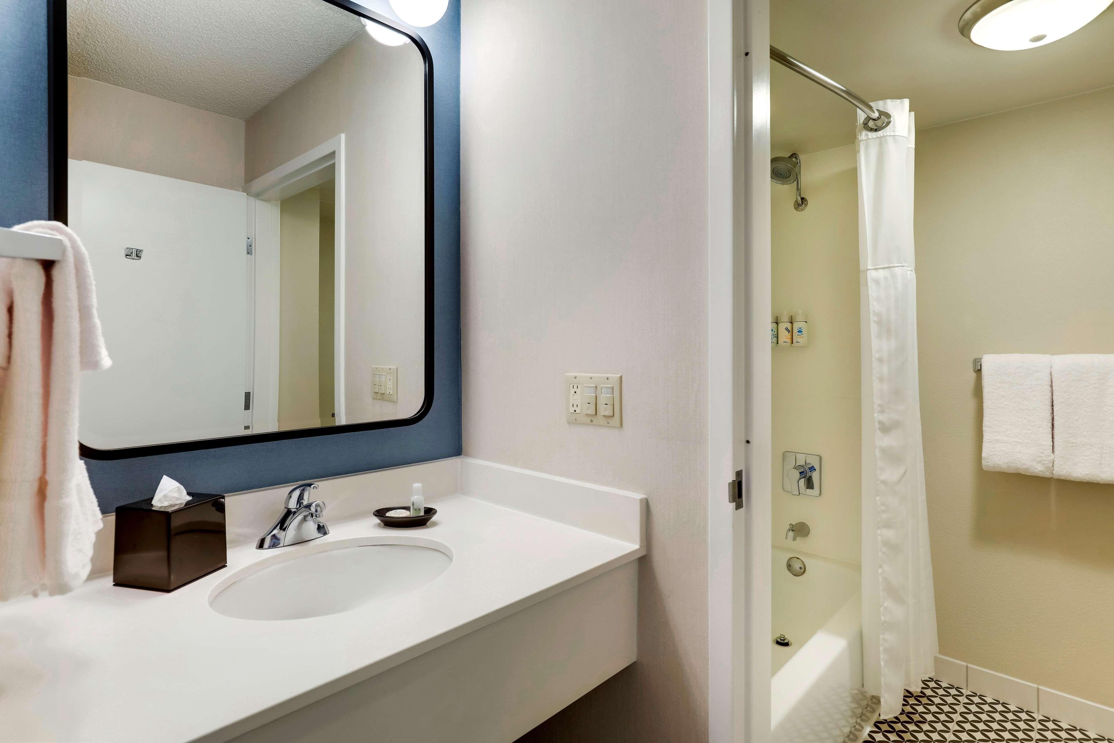 combined shower/bathtub, free toiletries, hair dryer, towels