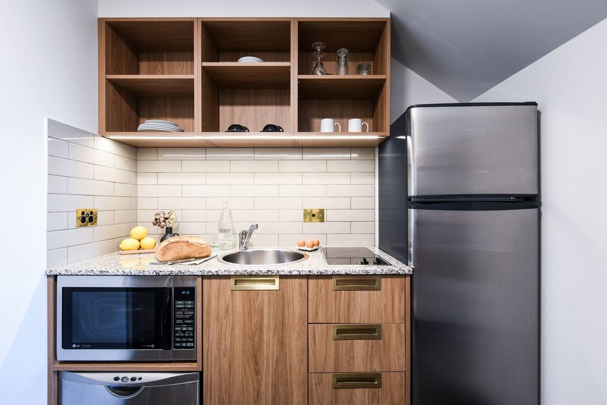 fridge, espresso maker, electric kettle