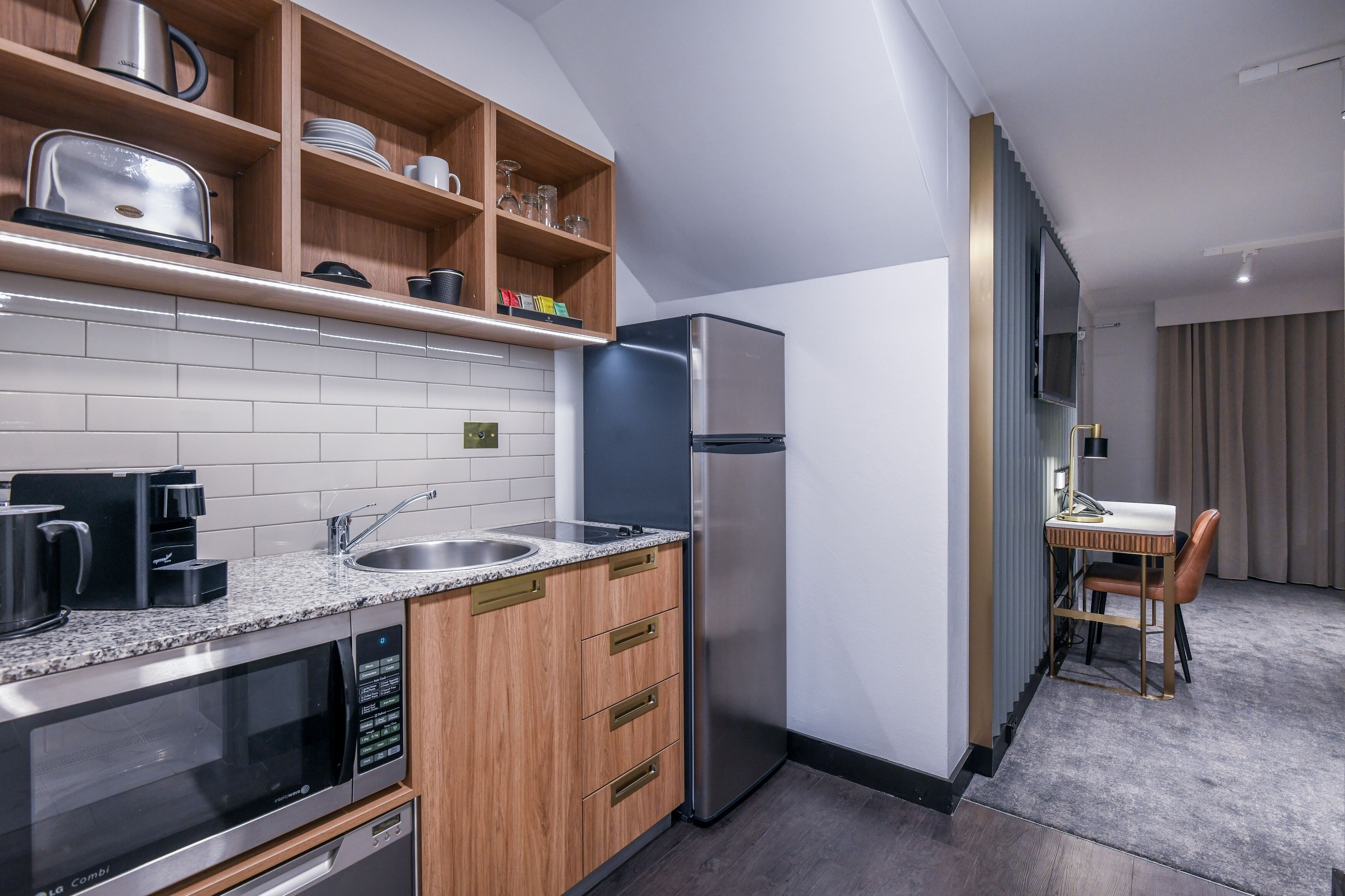 fridge, espresso maker, electric kettle