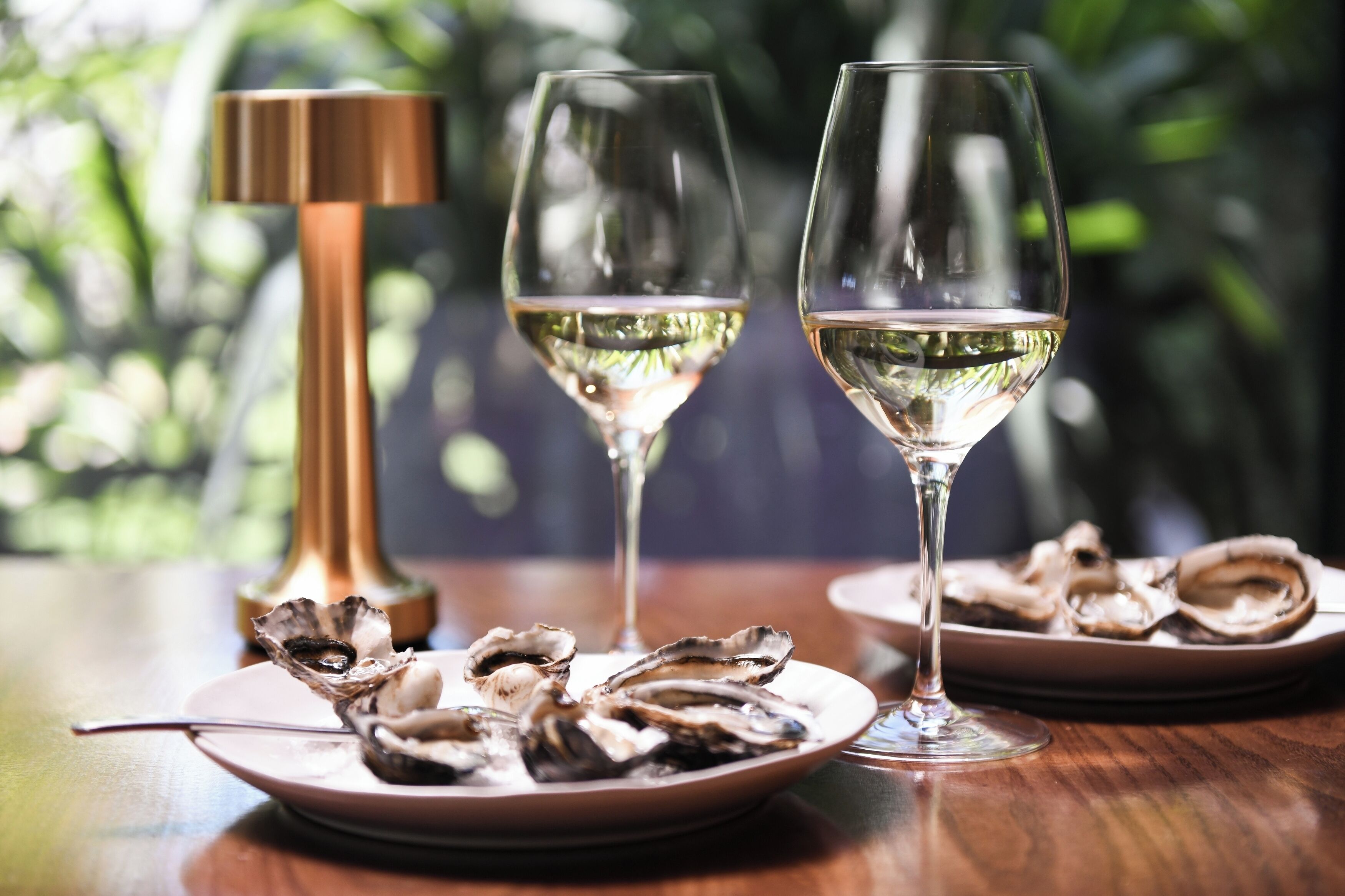 Dos copas de vino con una bandeja de ostras y una vela sobre una mesa de madera.
