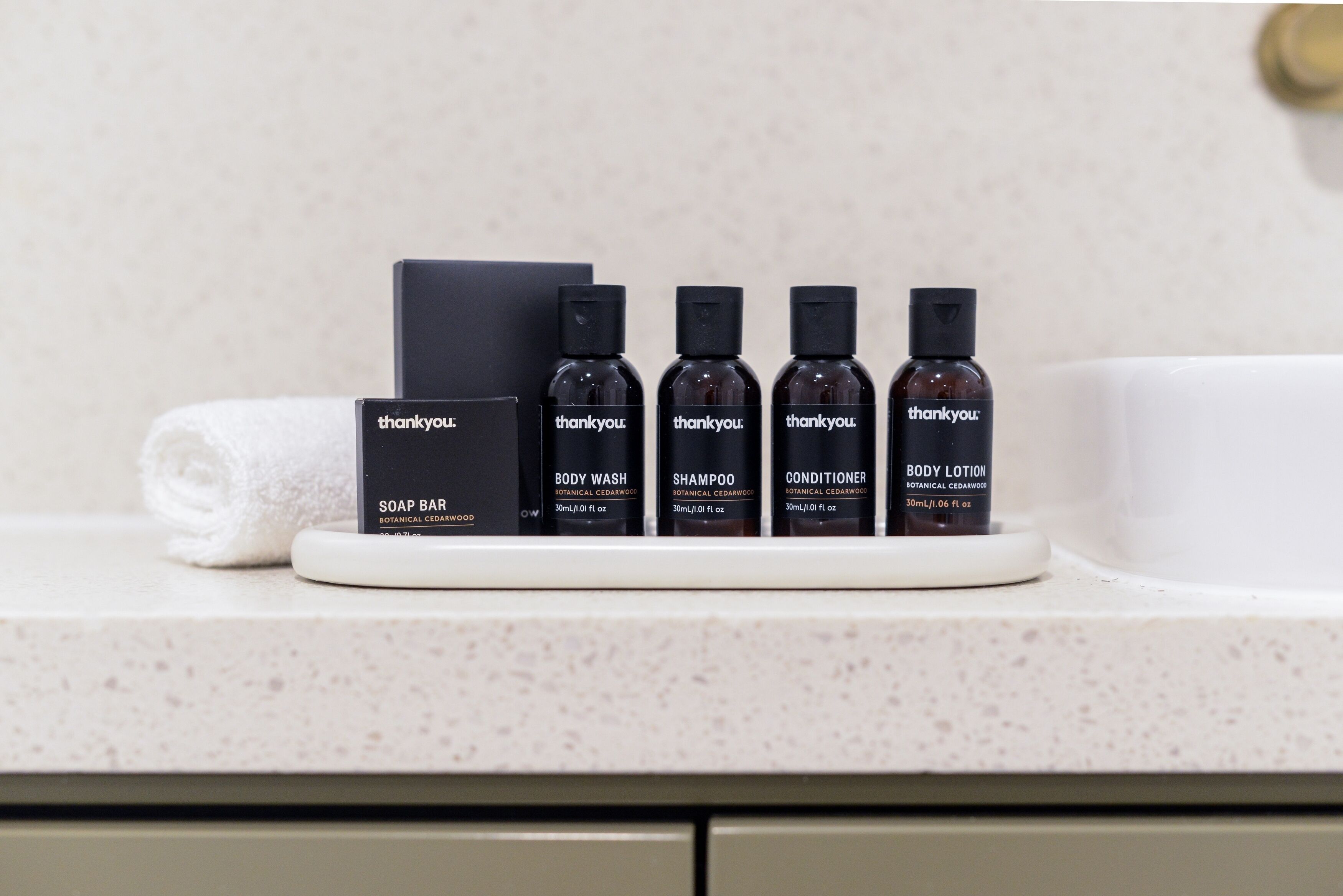 Un meuble-lavabo de salle de bain avec un ensemble de produits de toilette comprenant un savon, un gel douche, un shampooing, un après-shampooing et une lotion pour le corps.