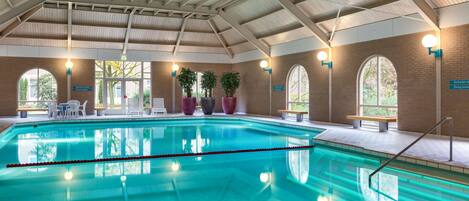 Una piscina interior con agua cristalina, rodeada de muros de ladrillo, ventanas amplias y plantas en macetas.