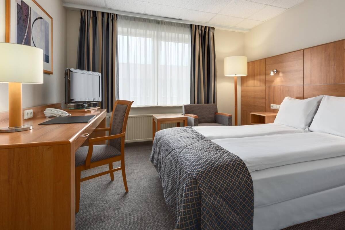 A hotel room with a bed, a desk, a chair, a TV, and a lamp.
