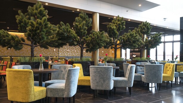 A spacious indoor area with multiple seating arrangements, including chairs and tables, and decorative trees. - Thon Hotel Nordlys (Bodo)